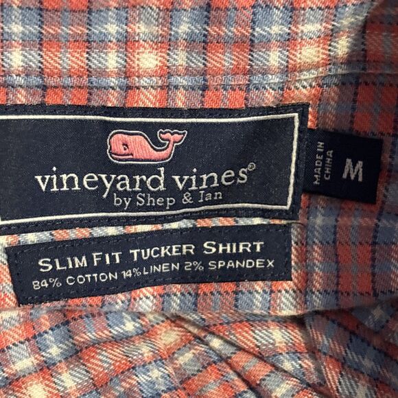 Vineyard Vines Linen Blend Slim Fit Tucker Shirt Plaid Men's Medium Pink Blue - Picture 12 of 14